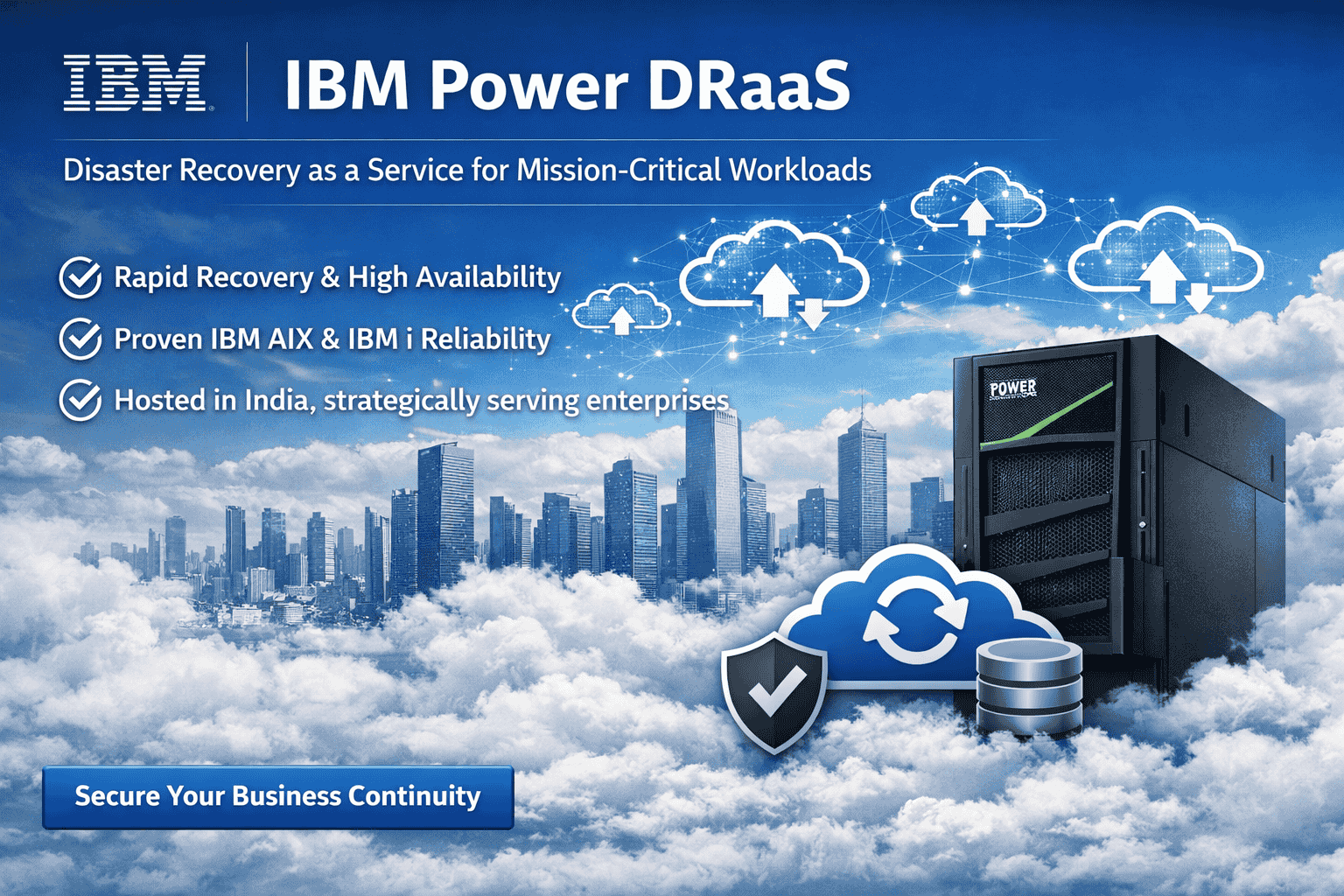 IBM Power DRaaS banner showing cloud disaster recovery with IBM Power server, highlighting rapid recovery, reliability, and India hosting.