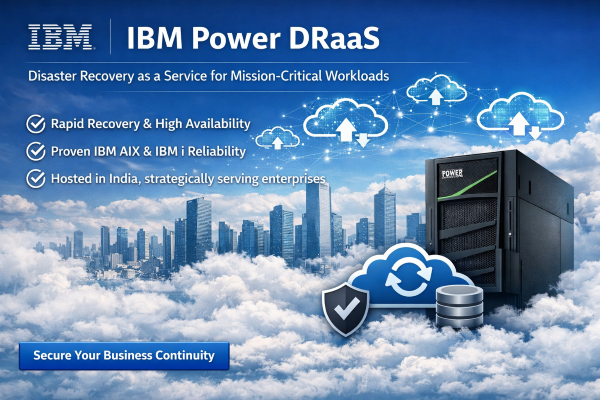 IBM Power DRaaS banner showing cloud disaster recovery with IBM Power server, highlighting rapid recovery, reliability, and India hosting.