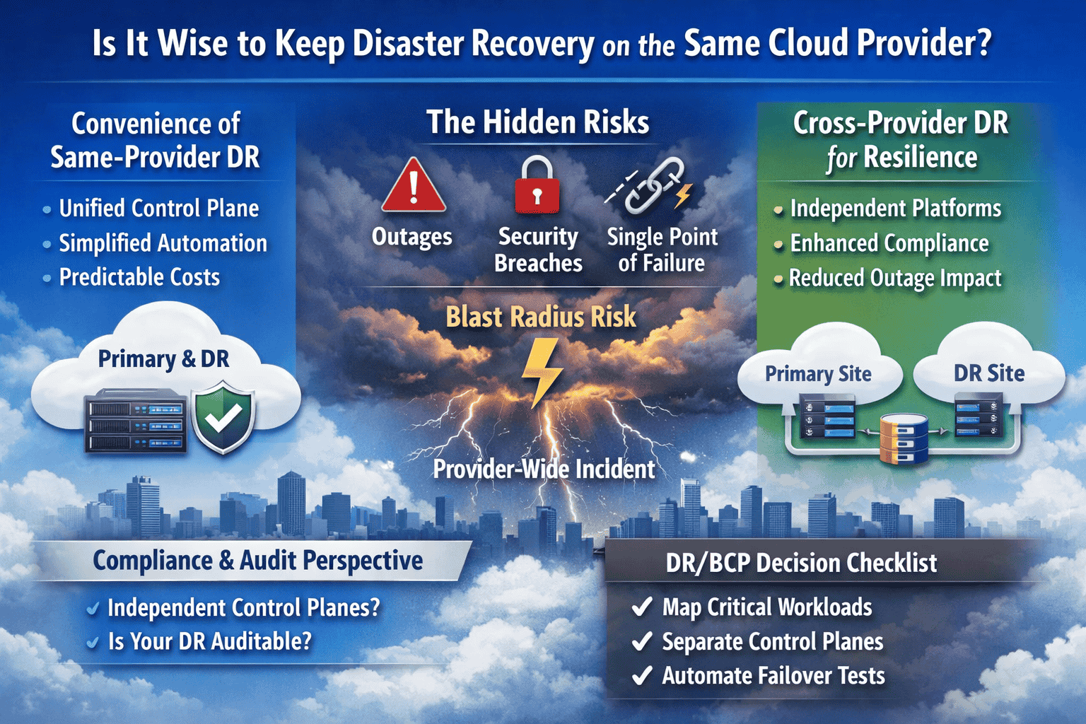 Infographic comparing same‑provider vs cross‑provider disaster recovery strategies, highlighting convenience, risks, compliance, and audit perspectives.