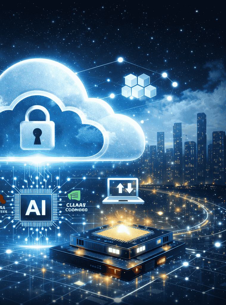 AXASCLOUD hybrid cloud and AI infrastructure illustration showing secure and scalable enterprise solutions