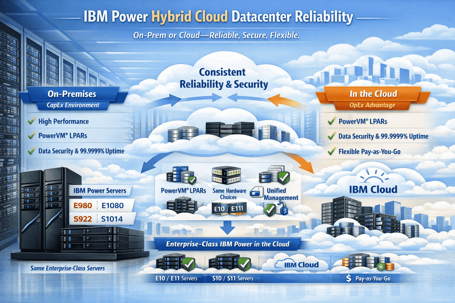Infographic showing IBM Power hybrid cloud datacenter reliability — same enterprise‑class servers and uptime available in the cloud with Opex advantage.