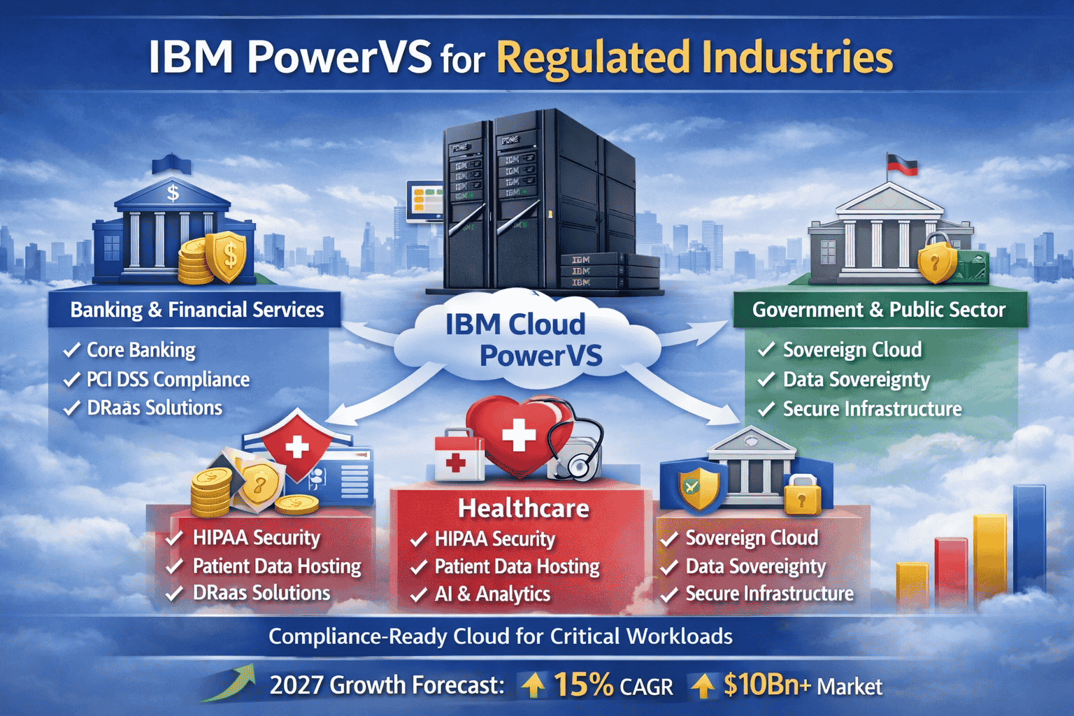 IBM Cloud PowerVS for Regulated Industries – BFSI, Healthcare, and Government Compliance Infographic