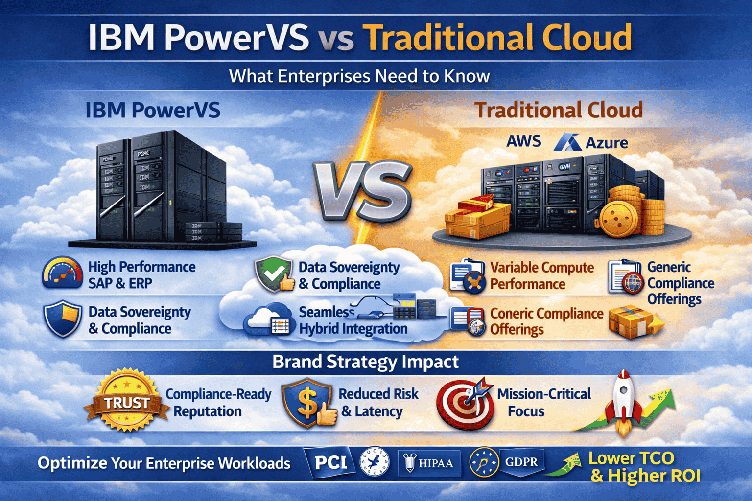 IBM Cloud PowerVS vs Traditional Cloud – Brand Strategy Comparison Infographic with HIPAA and Hybrid Integration Highlights